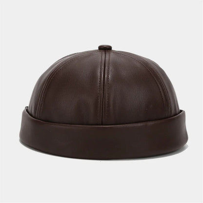 Unisex PU Leather Brimless Docker Cap – Retro Solid Color Hip Hop Melon Hat