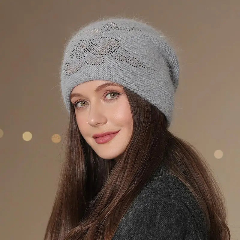 New Women Winter Hat Fashion Decorate Beanie Hat Rabbit Fur Blend Warm Winter Cap For Female Casual Streetwear Knitted Hat