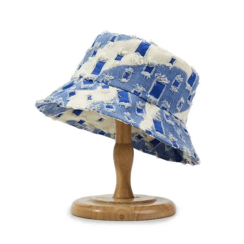 Fashion Women Men Washed Denim Ripped Bucket Hats Cool Lady Male Outdoor Panama Fisherman Cap Sun Hat For Women Men