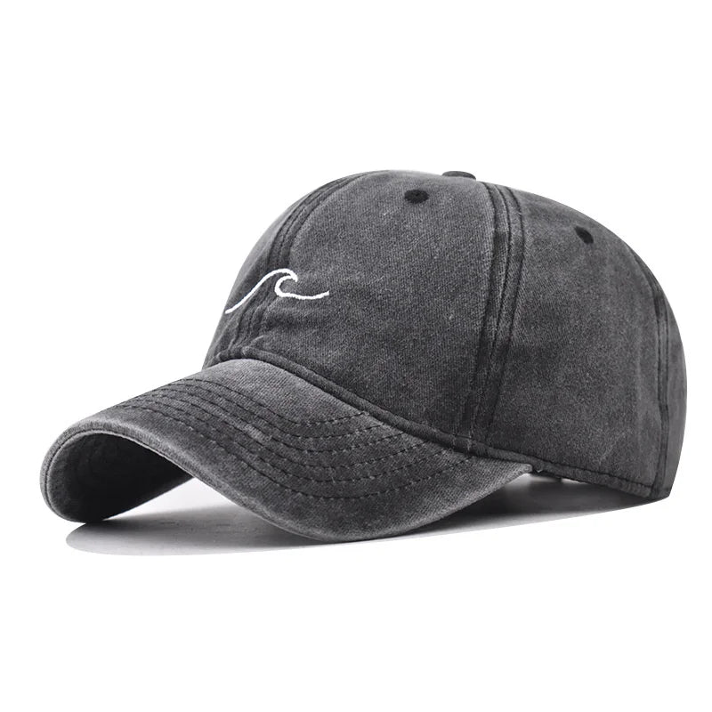 Unisex Washed Cotton Baseball Cap – Wave Embroidery Vintage Dad Hat Snapback