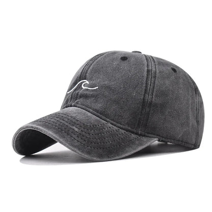 Unisex Washed Cotton Baseball Cap – Wave Embroidery Vintage Dad Hat Snapback