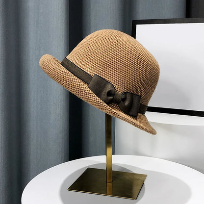 Bow Curling Hat Female Summer Sunshade Fisherman Hat Japanese Travel Breathable Sun Bucket Hat Grace Wedding Party Hat For Women