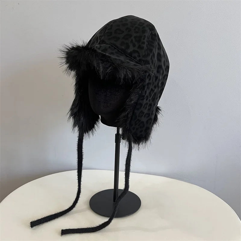 Unisex Leopard Print Winter Bomber Hat – Faux Mink Fur Ski Cap with Ear Protection