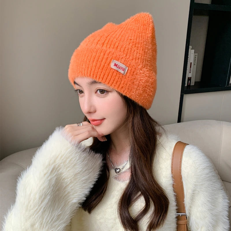 New Women Cute Cat Ear Earflap Winter Hat Fashion Faux Fur Knitted Hat Kpop Style Soft Beanie Hats Candy Female Streetwear Cap