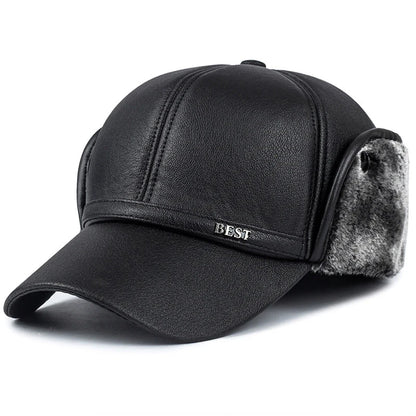 Men’s Faux Leather Baseball Cap with Ear Flaps Winter Warm Outdoor Hat