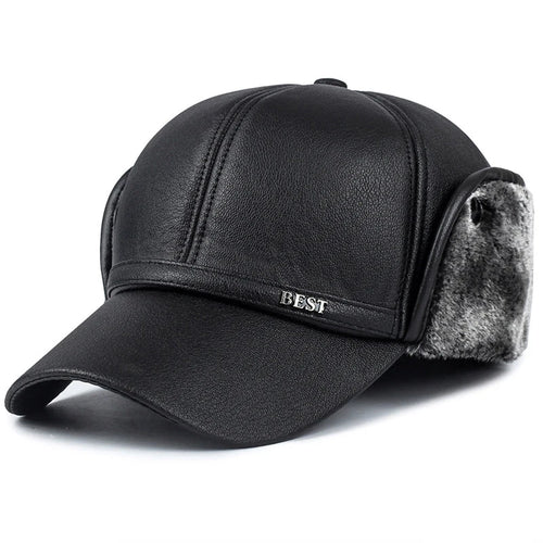 Men’s Faux Leather Baseball Cap with Ear Flaps Winter Warm Outdoor Hat