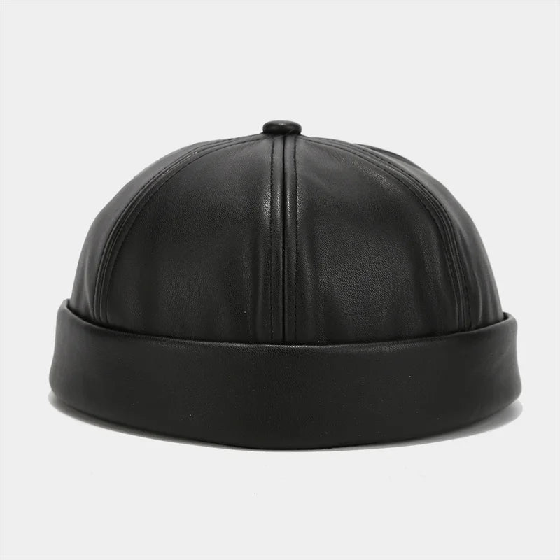 Unisex PU Leather Brimless Docker Cap – Retro Solid Color Hip Hop Melon Hat