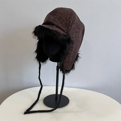 Unisex Leopard Print Winter Bomber Hat – Faux Mink Fur Ski Cap with Ear Protection