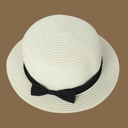 Spring and Summer New Straw Knitted Bow Straw Hat Korean  Fashion and Leisure Foldable Beach Flat Top Short Eaf Straw Hat