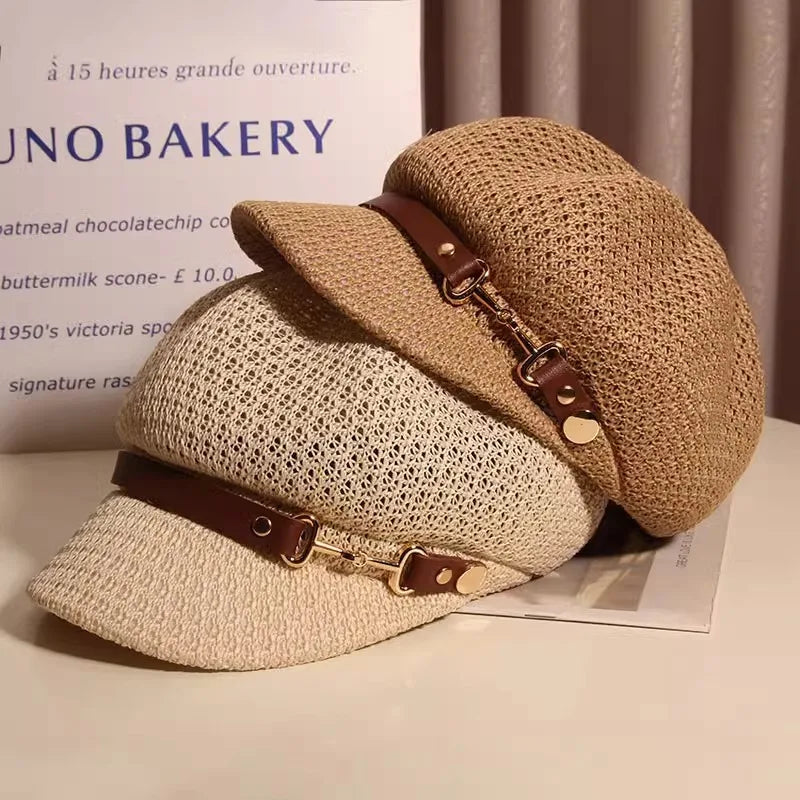 Hollow Breathable Leather Buckle Octagonal Hat  Classic Woven Straw Hat Casual Versatile Literary Sunshade Painter Hat