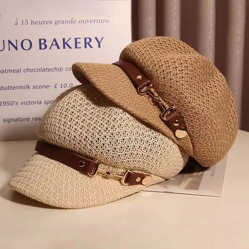 Hollow Breathable Leather Buckle Octagonal Hat  Classic Woven Straw Hat Casual Versatile Literary Sunshade Painter Hat