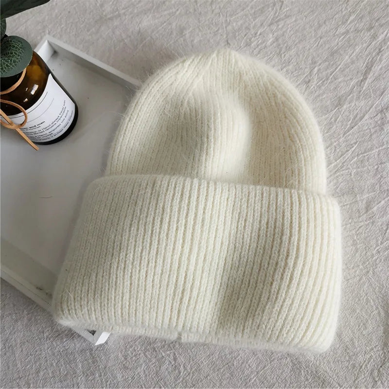 Fashion Warm Cashmere Wool Skullies Cap Angola Rabbit Fur Winter Knitted Beanies Women Female Ski Outdoor Solid Color Hats