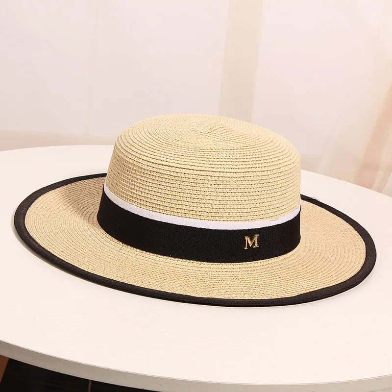 Women's Summer Outing on The Beach Sun Shading Sun Protection Straw Hat  Woven Flat Top British Top Hat