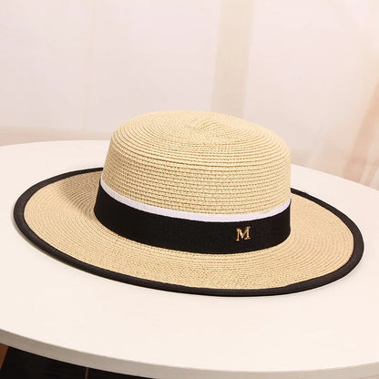Women's Summer Outing on The Beach Sun Shading Sun Protection Straw Hat  Woven Flat Top British Top Hat