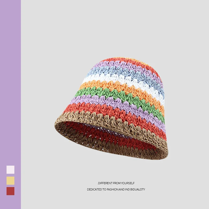 Sun Hat Women's Summer Sun Protection UV Protection 2024 New Beach Vacation Fisherman Hat Rainbow Colorful Striped Basin Hat