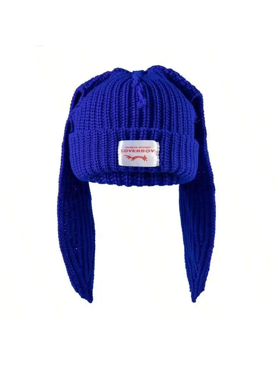 Winter Knitted Hats For Women Cute Rabbit Ear Soft Warm Thick Acrylic Luxury Brand Label Beanies Skullies Personality Casual Cap