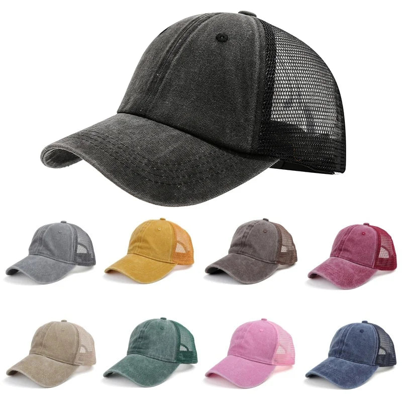 Unisex Washed Cotton Baseball Cap – Vintage Solid Color Adjustable Mesh Trucker Streetwear Summer Outdoor Hat