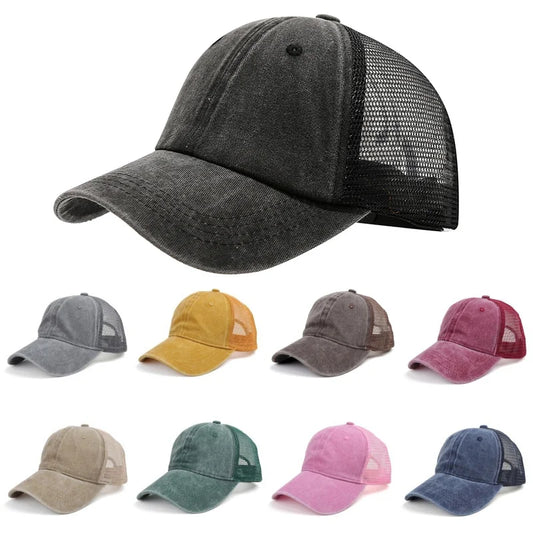 Unisex Washed Cotton Baseball Cap – Vintage Solid Color Adjustable Mesh Trucker Streetwear Summer Outdoor Hat