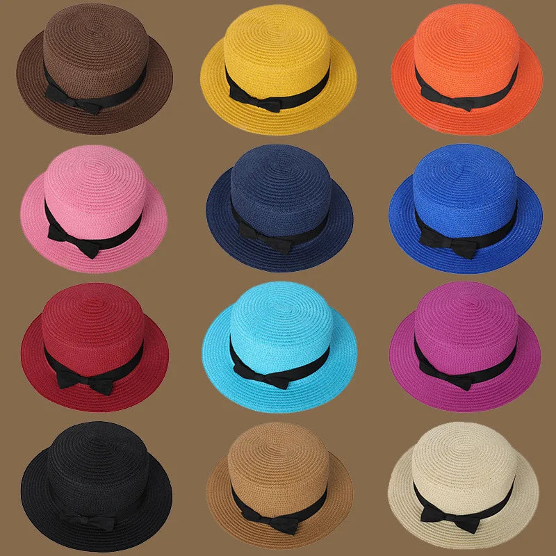 Spring and Summer New Straw Knitted Bow Straw Hat Korean  Fashion and Leisure Foldable Beach Flat Top Short Eaf Straw Hat