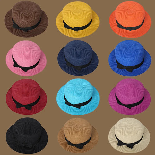Spring and Summer New Straw Knitted Bow Straw Hat Korean  Fashion and Leisure Foldable Beach Flat Top Short Eaf Straw Hat