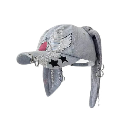 Korean Fashion Baseball Cap For Punk Ripped Retro Denim Jeans Graffiti Cool Long Rabbit Ear Street Hip Hop Sun Hats Visors