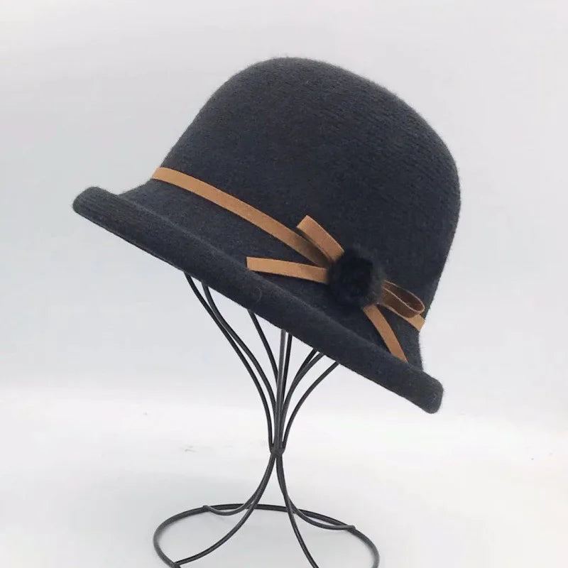 Woolen Bucket Hat Women's Autumn and Winter Bow Korean Version Versatile Japanese Dome Basin Hat British Retro Top Hat Tide