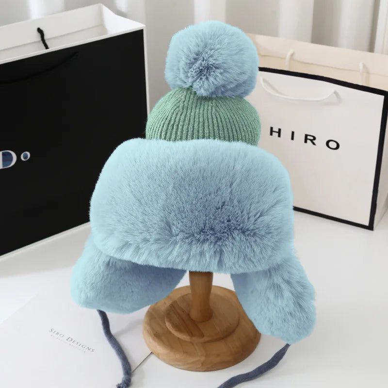 Fashion Lei Feng Hat For Women Autumn And Winter Trapper Earflap Ski Cap Female Thick Warm Beanie Hat Fur Pompom Russain Hat