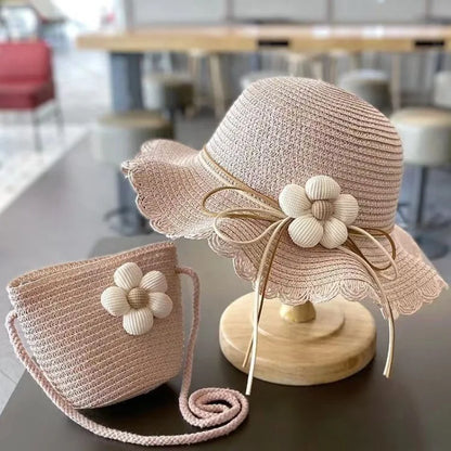 Summer Baby Flower Straw Hat With Handbag Bags 2pcs Set For Kids Little Girls Sun Cap Visor UV Protection Panama Hat gorras