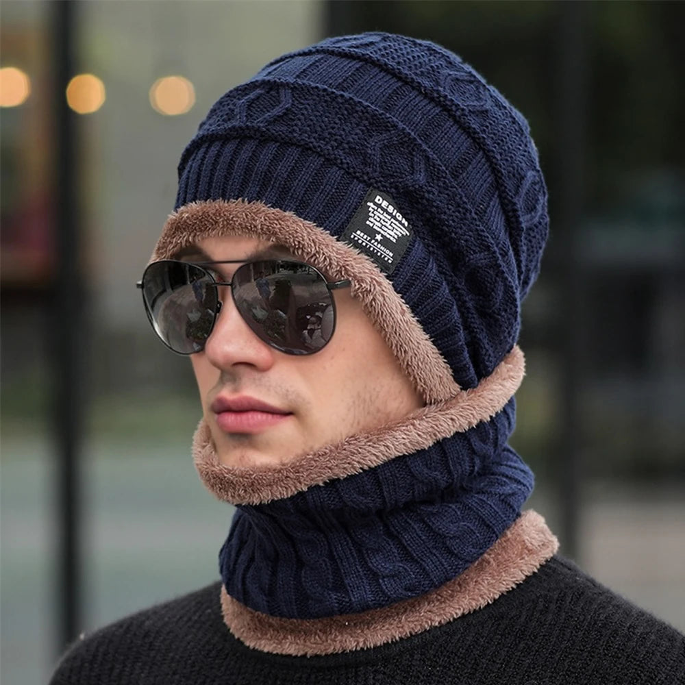 New Style Unisex Plush Lined Winter Hat Thicken Warm Knitted Suit Set Soft Stretch Winter Hats For Men&Women Leisure Beanie Cap