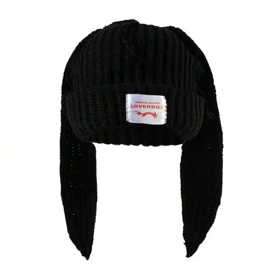 Winter Knitted Hats For Women Cute Rabbit Ear Soft Warm Thick Acrylic Luxury Brand Label Beanies Skullies Personality Casual Cap