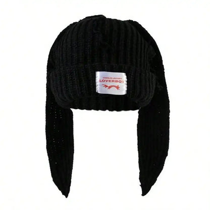Winter Knitted Hats For Women Cute Rabbit Ear Soft Warm Thick Acrylic Luxury Brand Label Beanies Skullies Personality Casual Cap