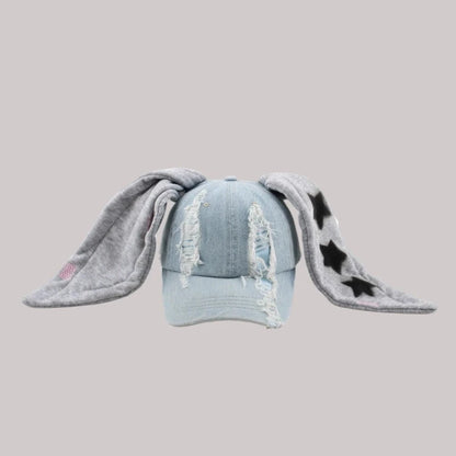 Dark Punk Rabbit Ears Peaked Hat Denim Hole Baseball Cap Women's Trendy Chain Hip-Hop Personalized Abby Style