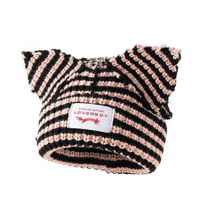 Stripe Knit Beanie Hats Cute Bunny Ears Grunge Cap Fluffy Winter Warm Knit Crochet Outdoor Slouchy Beanie Fashion Brand