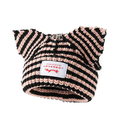 Stripe Knit Beanie Hats Cute Bunny Ears Grunge Cap Fluffy Winter Warm Knit Crochet Outdoor Slouchy Beanie Fashion Brand