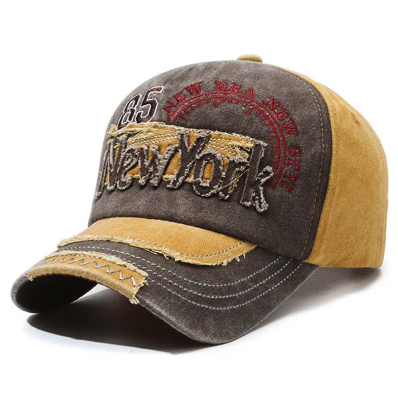 New York Embroidered Washed Distressed Baseball Cap, Polyester, Adjustable Snap Closure, Breathable, Inelastic