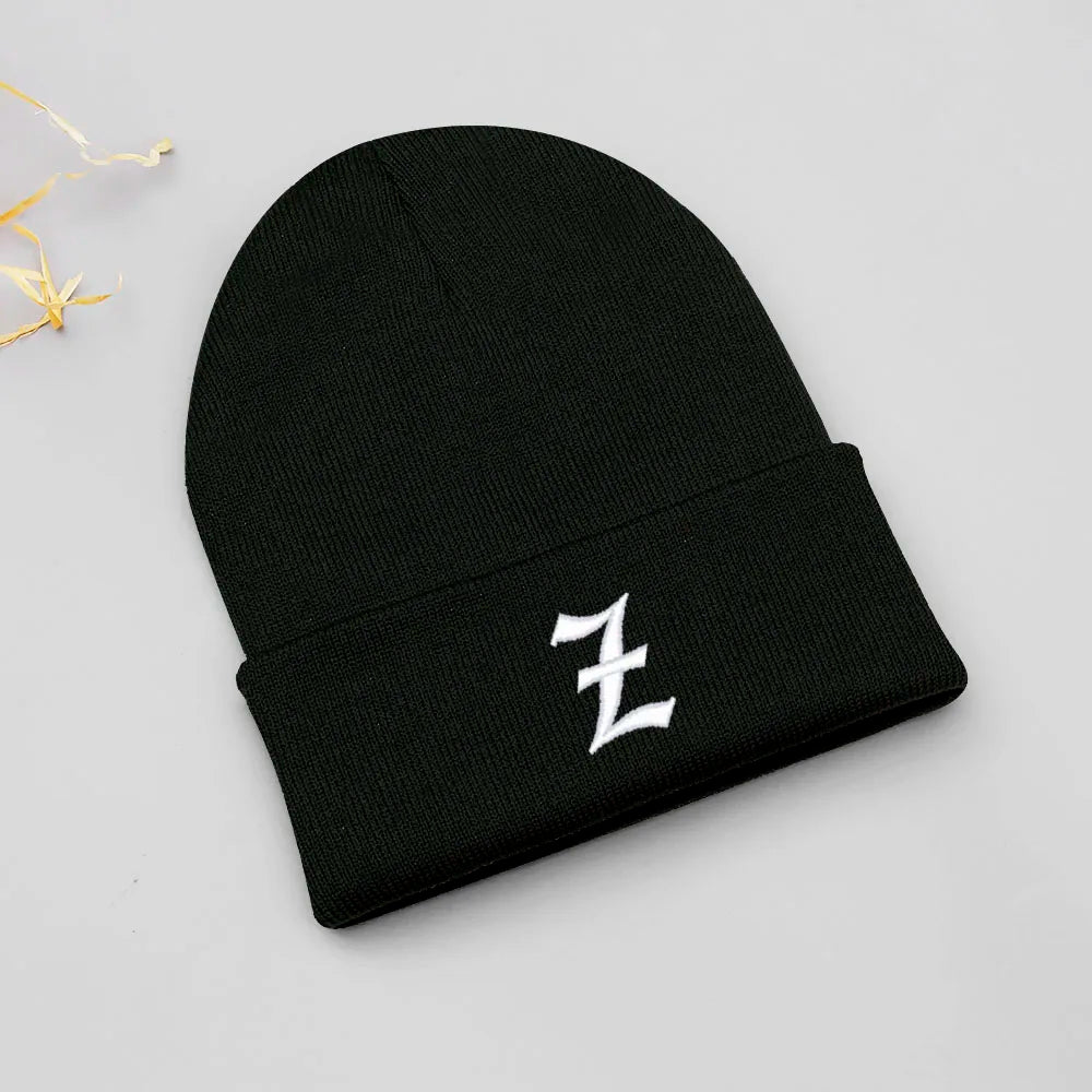 Old English Letter A-Z Embroidered Beanie Hat Unisex Winter Knit Caps for Men Women Soft Ski Hat