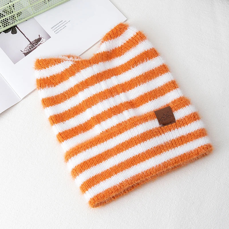 New Style Lovely Hat Cat Ear Beanie Cap Winter Hats For Women Y2K All Stripes Fashion Outdoor Warm Hat Beanie Warm Cap For Girl