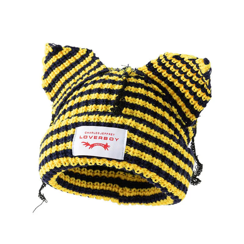 Stripe Knit Beanie Hats Cute Bunny Ears Grunge Cap Fluffy Winter Warm Knit Crochet Outdoor Slouchy Beanie Fashion Brand