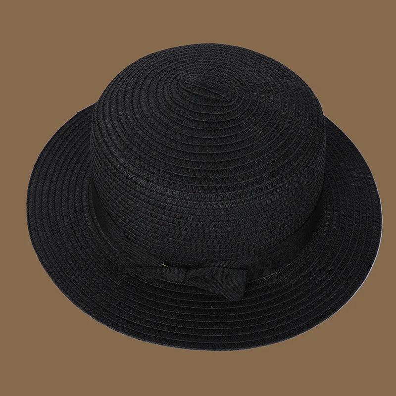 Spring and Summer New Straw Knitted Bow Straw Hat Korean  Fashion and Leisure Foldable Beach Flat Top Short Eaf Straw Hat