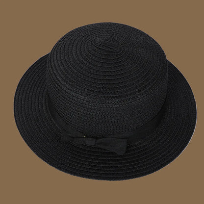 Spring and Summer New Straw Knitted Bow Straw Hat Korean  Fashion and Leisure Foldable Beach Flat Top Short Eaf Straw Hat