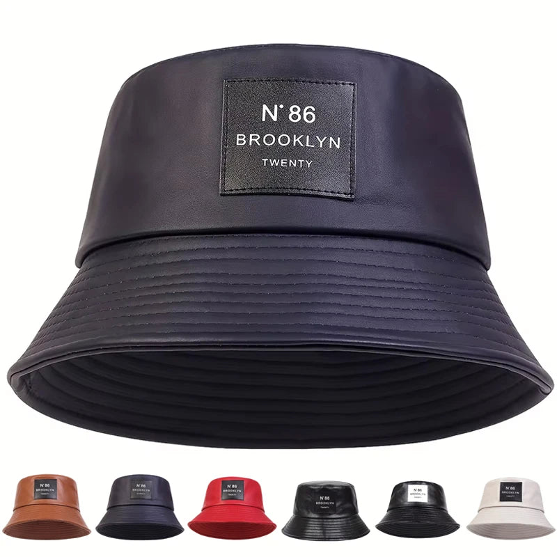 Unisex Brooklyn Panama Bucket Hat PU Leather Fisherman Hat Outdoor Travel Sunscreen Hats for Men Women