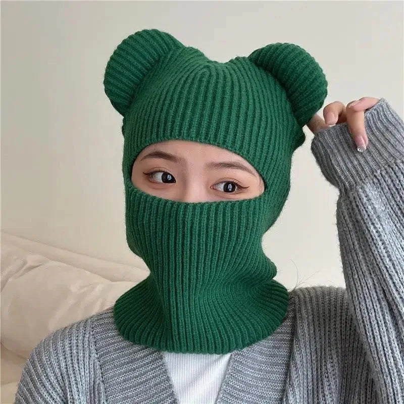 Warm Cycling Caps Winter Knitted Ski Scarf Hat Bear Ear Balaclava Hat Bonnets Beanie for Men Women Outdoor Sports Hooded