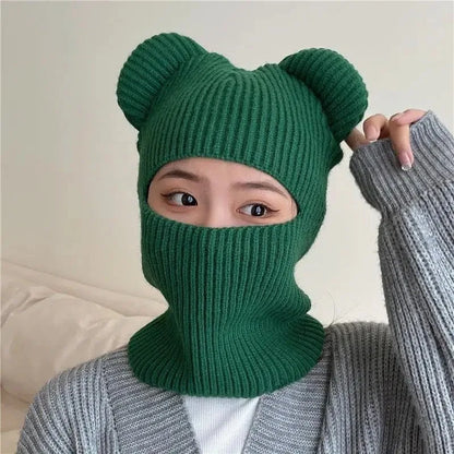 Warm Cycling Caps Winter Knitted Ski Scarf Hat Bear Ear Balaclava Hat Bonnets Beanie for Men Women Outdoor Sports Hooded