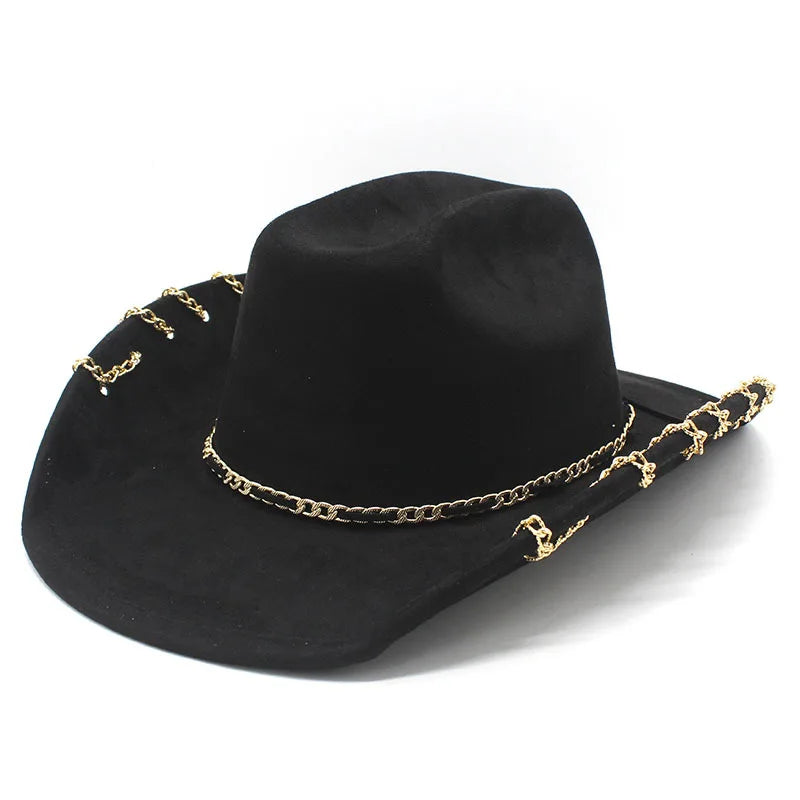 Trendy Western Cowboy Hat for Men And Women with Metal Chain Wide Brim Suede Visor Fashion Jazz Cap