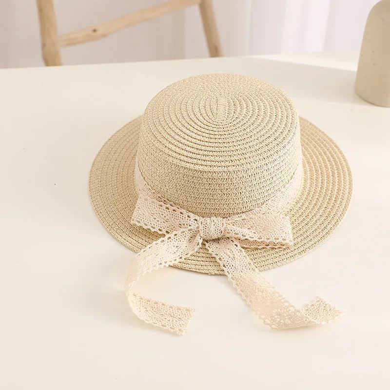 Cute Bow Lace Girls Straw Hat Spring Summer Breathable Sunshade Kids Sun Hat Outdoor Travel UV Protection Children Panama Cap