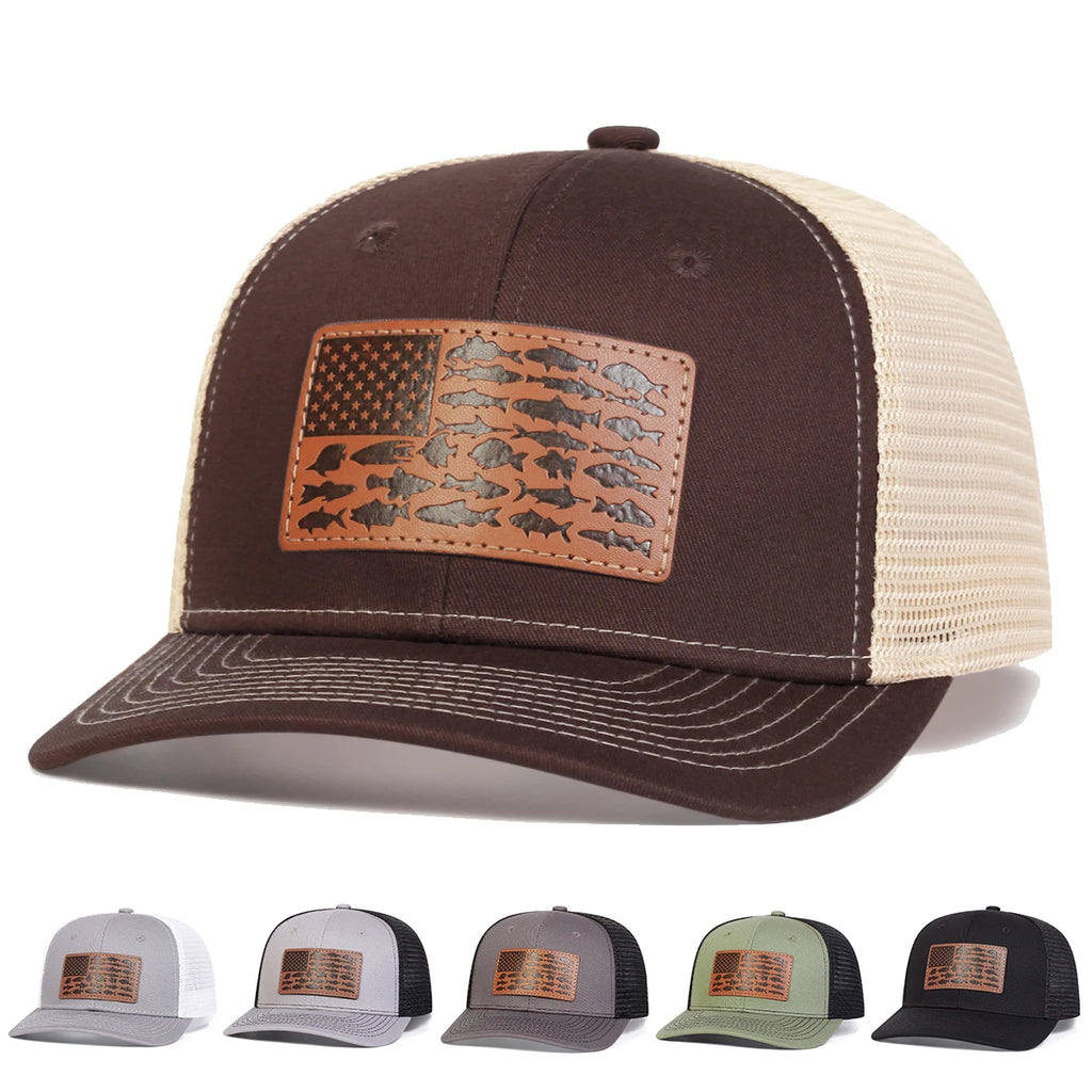 Unisex Brown Little Fish Flag Leather Label Baseball Net Caps Spring and Summer Outdoor Adjustable Casual Hats Sunscreen Hat