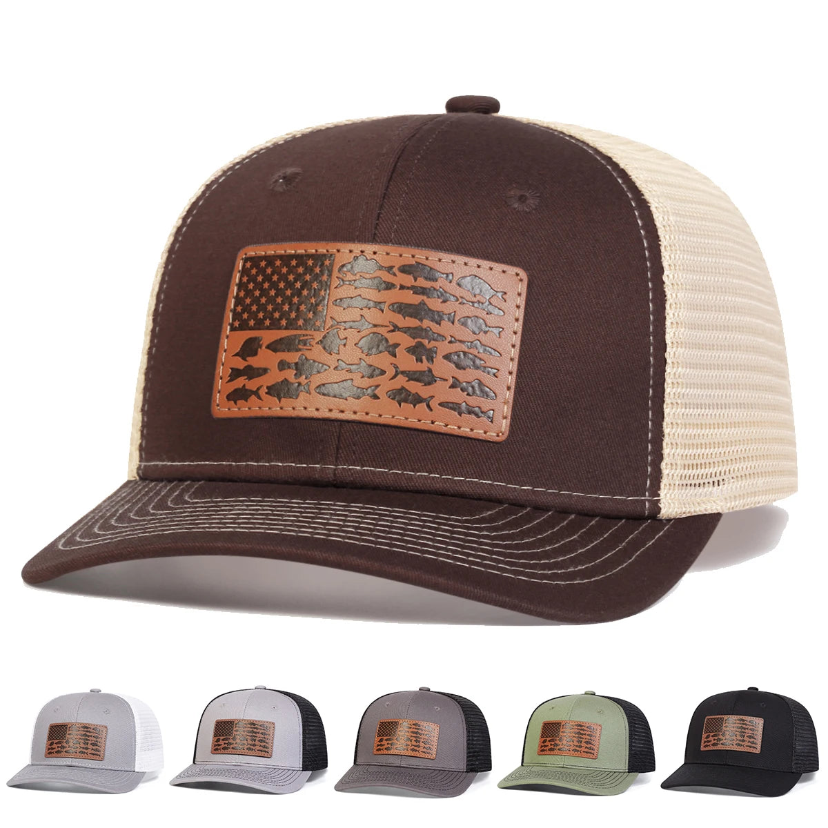 Unisex Brown Little Fish Flag Leather Label Baseball Net Caps Spring and Summer Outdoor Adjustable Casual Hats Sunscreen Hat