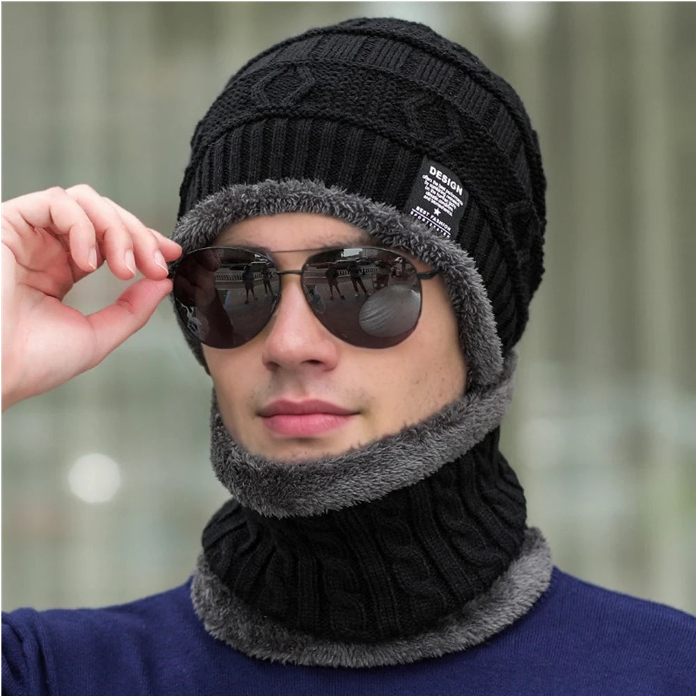 New Style Unisex Plush Lined Winter Hat Thicken Warm Knitted Suit Set Soft Stretch Winter Hats For Men&Women Leisure Beanie Cap