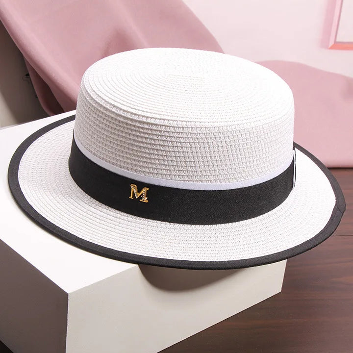 Women's Summer Travel Beach Jazz Hat Seaside Sunshade Sun Protection Straw Hat Flat Top British Hat Straw Woven