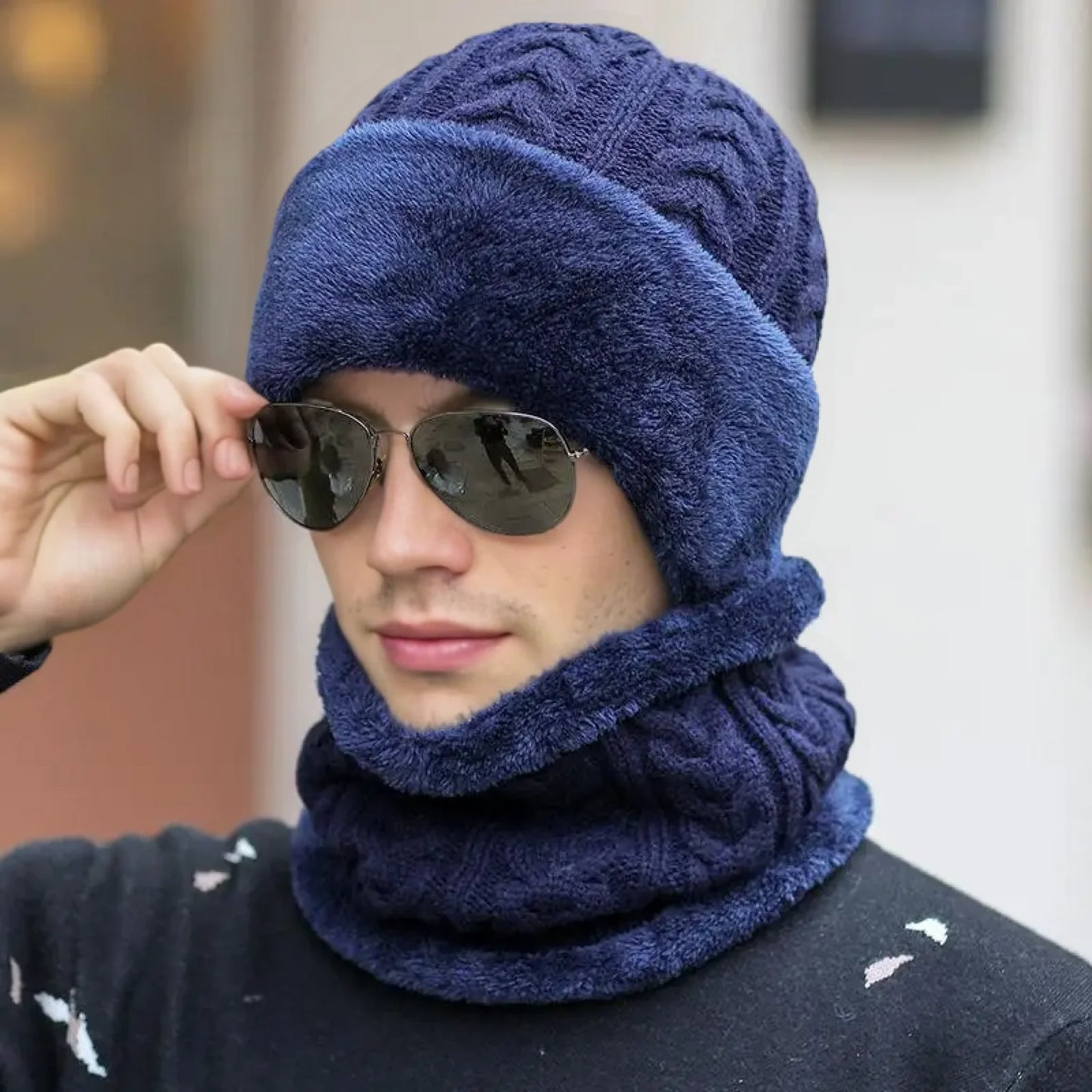 Unisex Plush Fleece Lined Winter Hat Thicken Warm Knitted Suit Set Soft Stretch Winter Hats For Men Women Leisure Beanie Cap